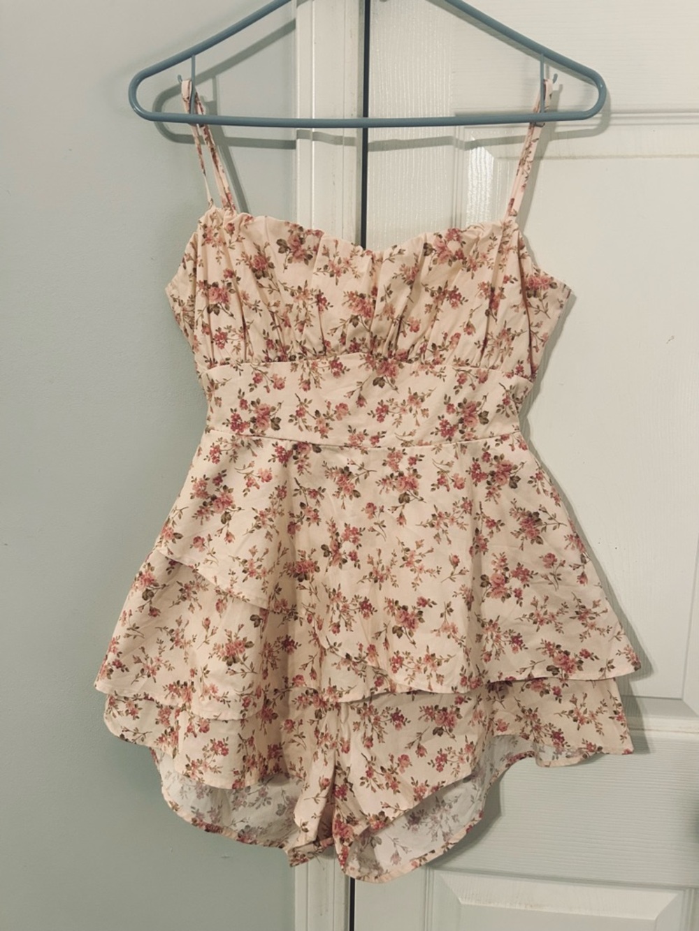 Altar'd State Cream Floral Tiered Romper with Pink Accents